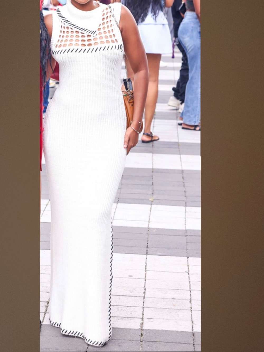 STAUD White Ribbed Knit Maxi Dress with Black Contrast Stitch